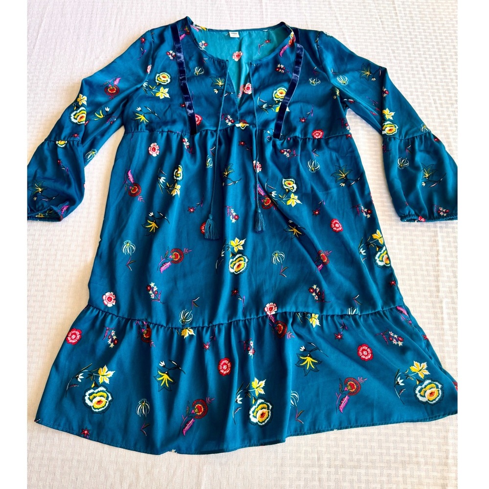 Old Navy Teal Blue Floral Boho Peasant Mini Dress Velvet Trim Tassel Size M